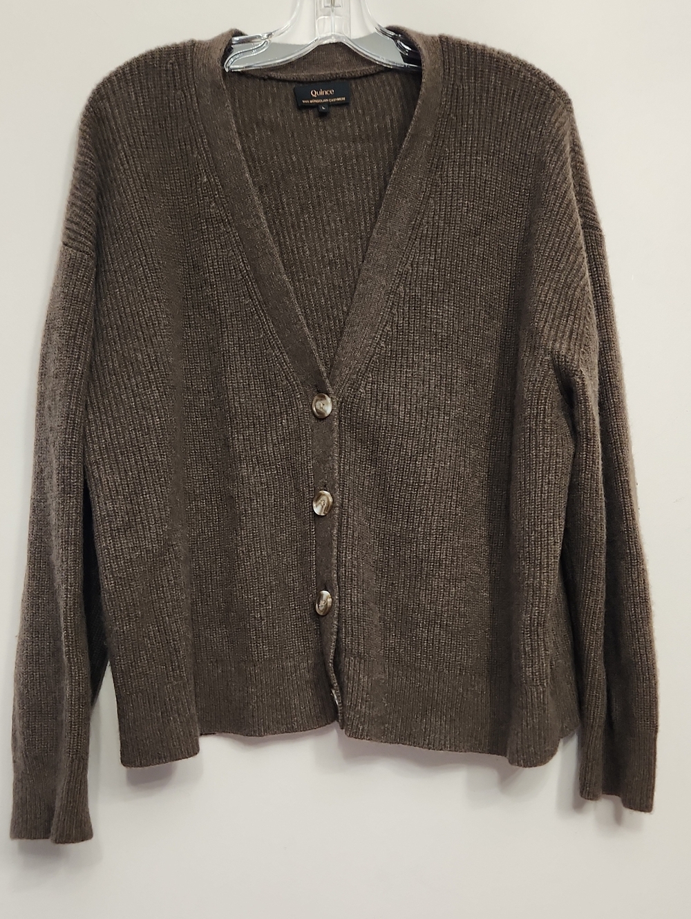 Quince Mongolian Cashmete Women's Brown V-Neck Button Cardigan Sweater Size L